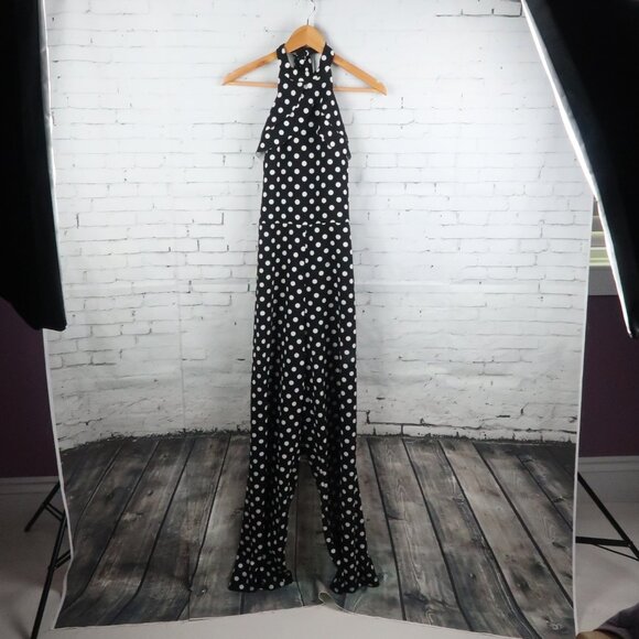 BEBE BLACK & WHITE POLKA DOT HIGH NECK HALTER RUFFLE WIDE LEG JUMPSUIT SIZE 10 - Picture 4 of 10